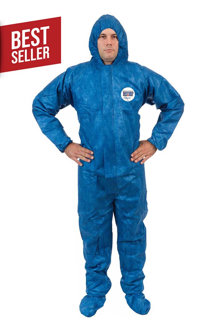 ViroGuard®, Blue Coverall with Hood & Boot, Elastic Wrist & Back, Front Zipper with Storm Flap
