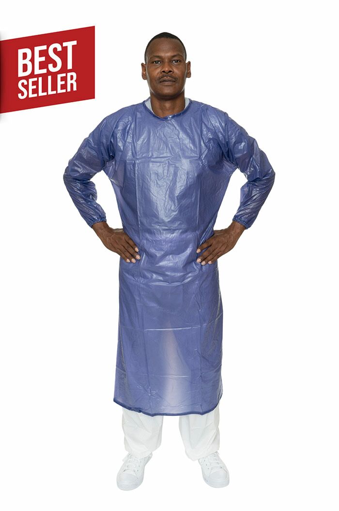 Blue PVC Cleanroom Chemical Apron, with Long Sleeves, Ties in Back, and Tunnelized Elastic Wrists