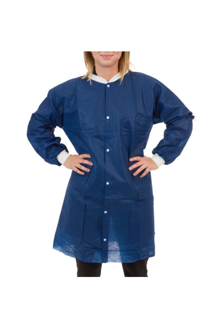 Polypropylene Dark Blue Lab Coat, Three Pockets, Knit Wrist & Collar