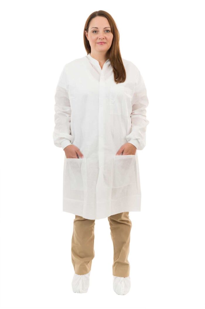White SMS Lab Coat with 3 Pockets, Knit Wrist