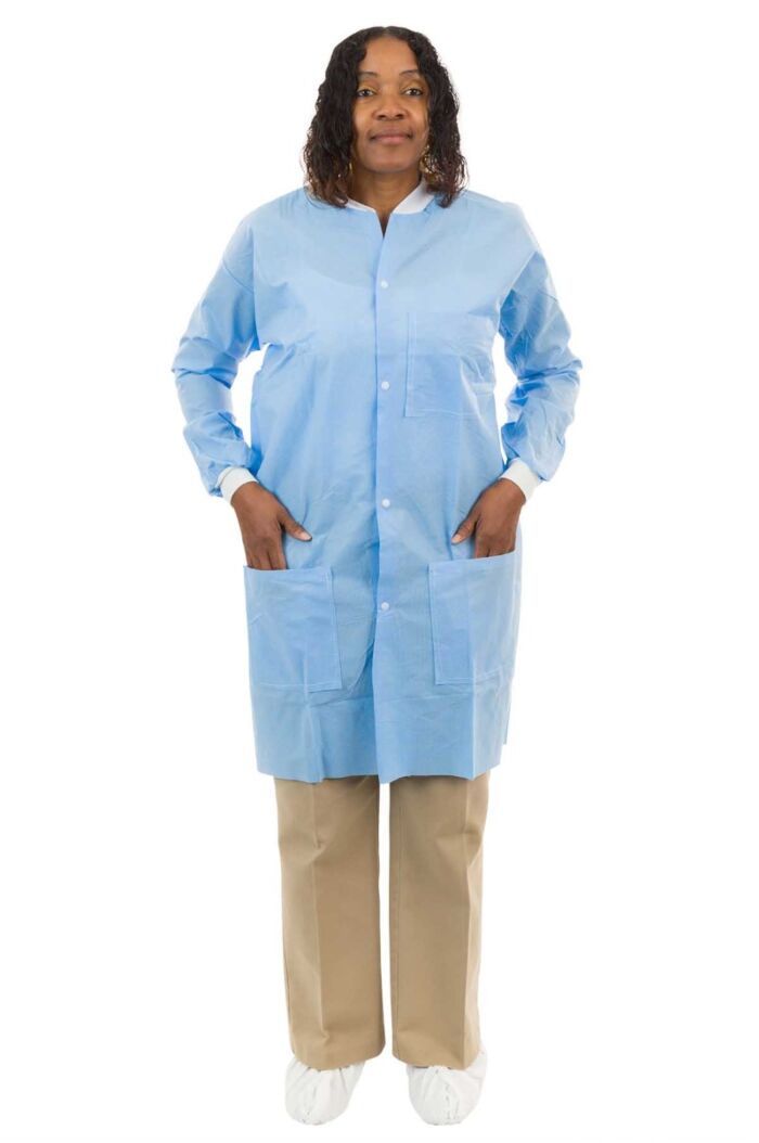 Light Blue SMS Lab Coat with 3 Pockets, Knit Wrist