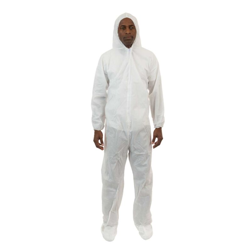 5XL WHITE MICROPOROUS COVERALLS HOOD & BOOTS TYVEK ALTERNATIVE CASE OF 25 NEW 