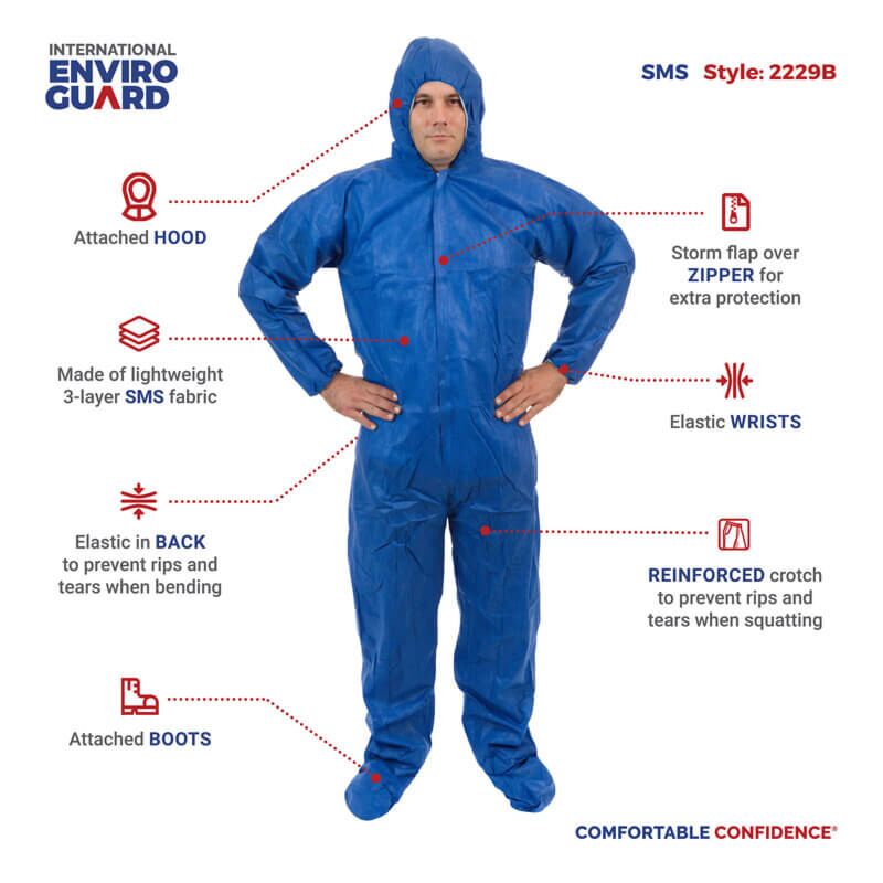 Pack of 25 Zipper Front Blue Single Collar Medium Elastic Wrists and Ankles Attached Hood and Boots Keystone CVL-SMS-B-MED-Blue Heavy Duty SMS Coverall