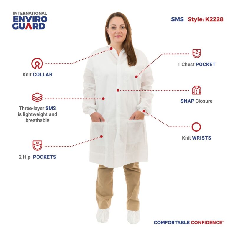 White SMS Lab Coat with 3 Pockets, Knit Wrist