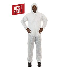X-Large Disposable White Case of 25 Lakeland SafeGard SMS Polypropylene Coverall with Hood Elastic Cuff 