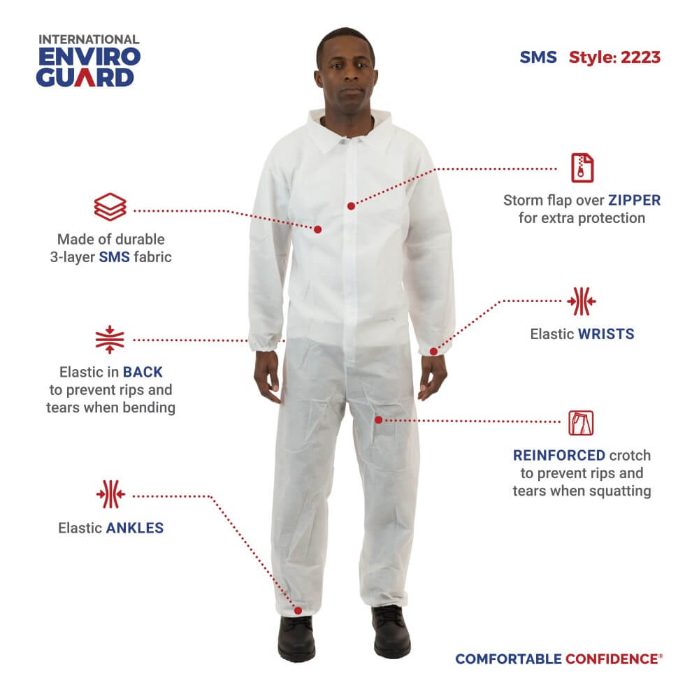Case of 25 2223B-L Large Disposable Blue Elastic Wrists and Ankles Enviroguard 60 GSM Fabric SMS Coverall 